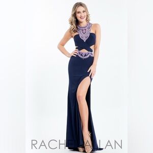 Rachel Allan Navy Dress with Purple Accents